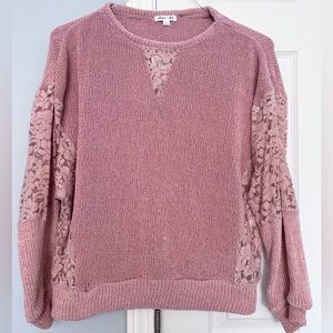 Skylark + Jade Junior's Chenille Sweater with Lace Blush Pink Large NWT